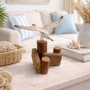 Vintage Hand-Carved Wooden Seagull Figurine Wood Base Coastal Decor
